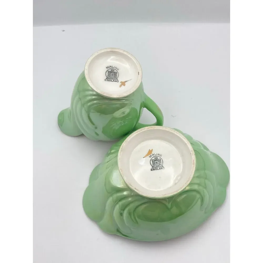 Vintage Maling Pottery Cream Jug & Sugar Bowl Set Green Lusterware Pearlescent